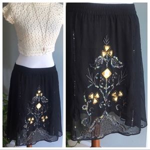 GUC boho Med. DKNY embellished beaded black skirt